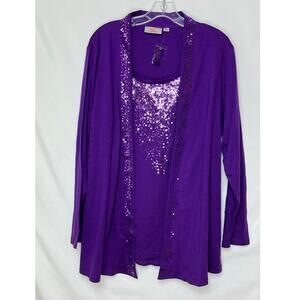NWOT Quacker Factory Women’s 1X Purple Long Sleeve Open Front Cardigan Tank Set